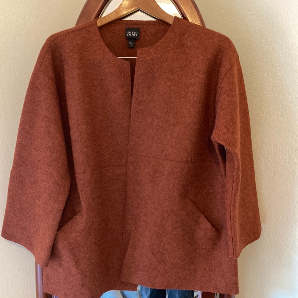Eileen Fisher Boiled Wool Sweater Blazer Size Small in Rust Orange Shade